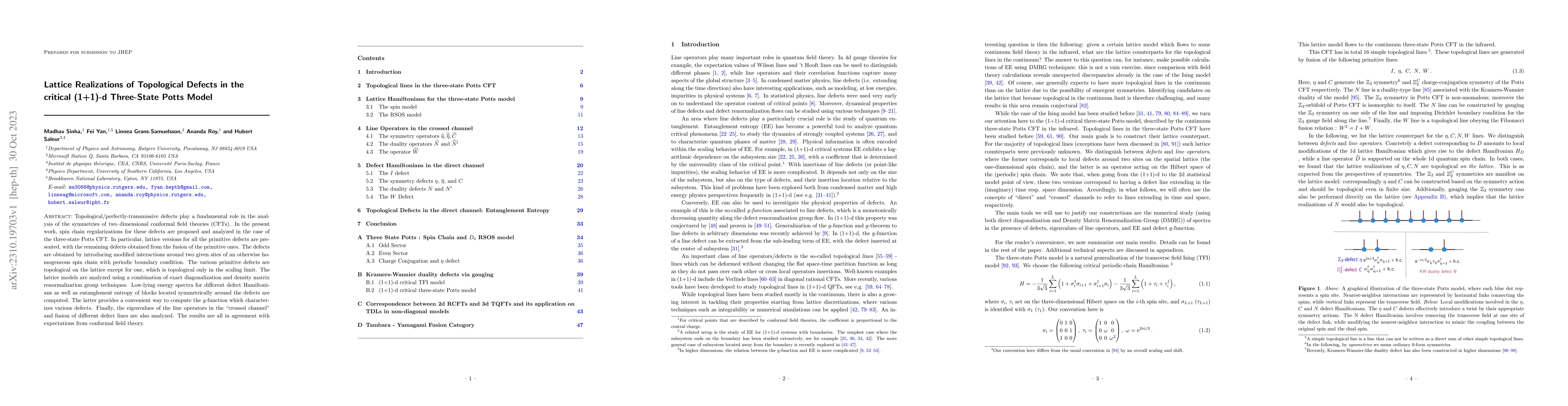 Thumbnail for Lattice Realizations of Topological Defects in the critical (1+1)-d
  Three-State Potts Model