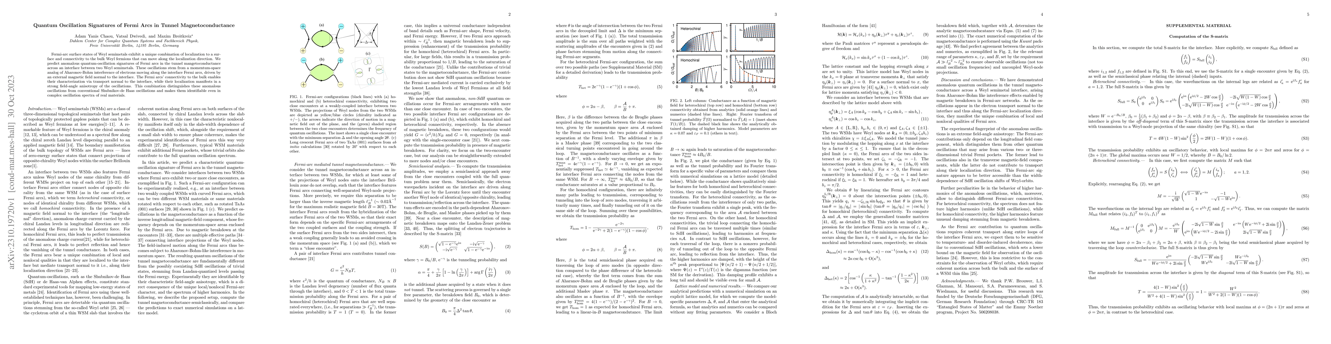 Thumbnail for Quantum Oscillation Signatures of Fermi Arcs in Tunnel
  Magnetoconductance
