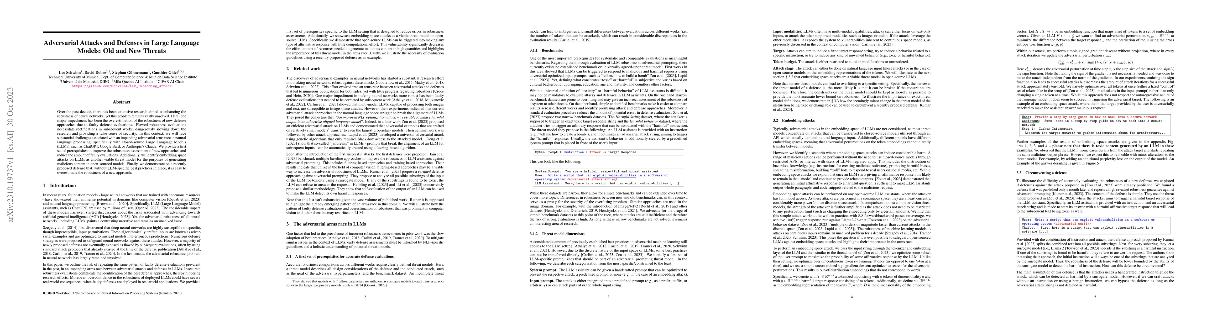 Thumbnail for Adversarial Attacks and Defenses in Large Language Models: Old and New
  Threats