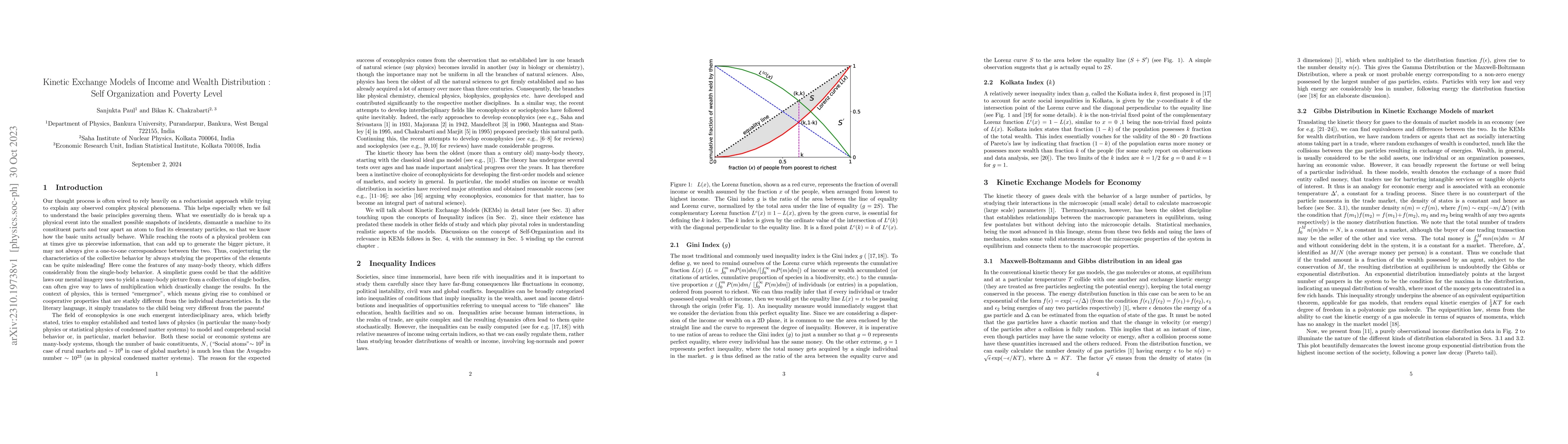 Thumbnail for Kinetic Exchange Models of Income and Wealth Distribution: Self
  Organization and Poverty Level