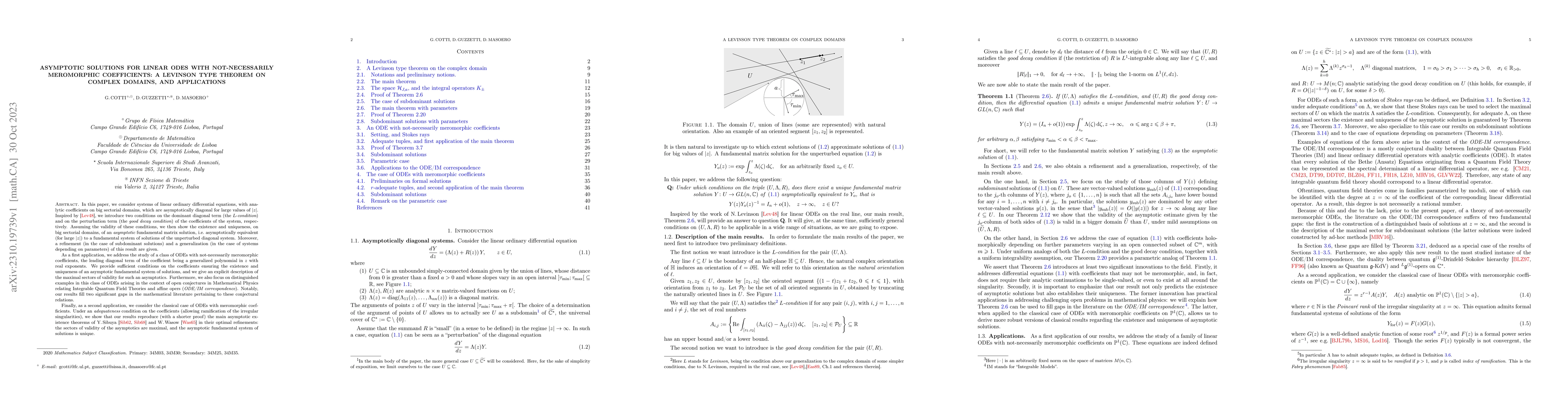 Thumbnail for Asymptotic solutions for linear ODEs with not-necessarily meromorphic
  coefficients: a Levinson type theorem on complex domains, and applications