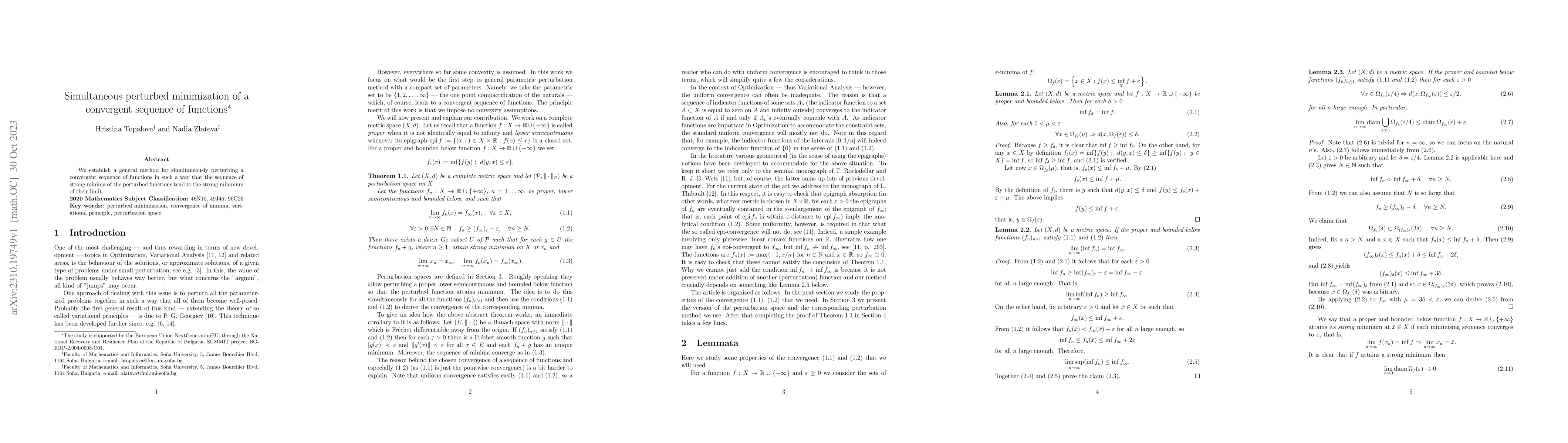 Thumbnail for Simultaneous perturbed minimization of a convergent sequence of
  functions