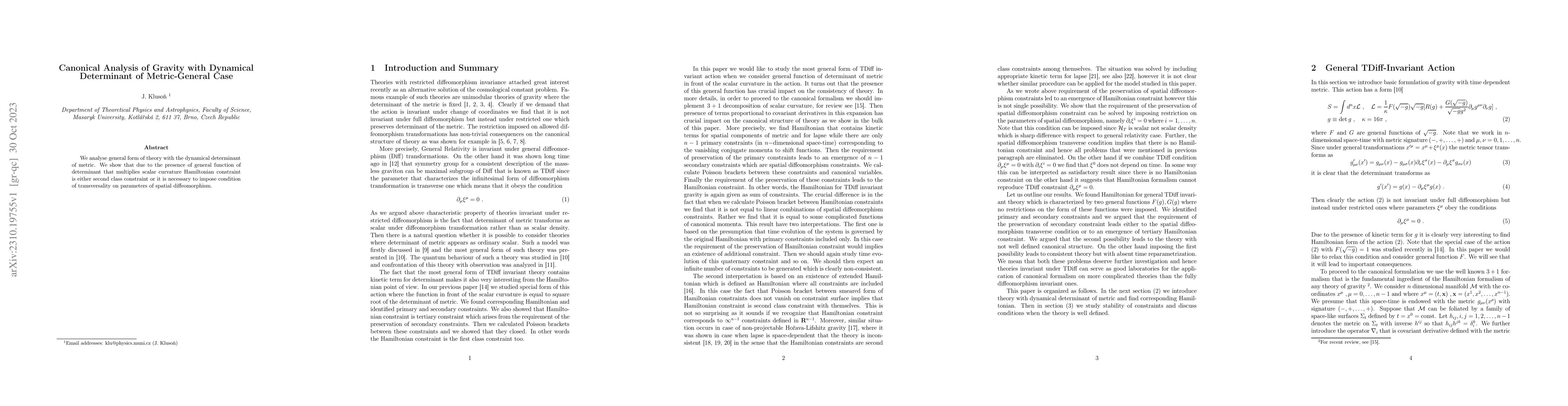 Thumbnail for Canonical Analysis of Gravity with Dynamical Determinant of
  Metric-General Case