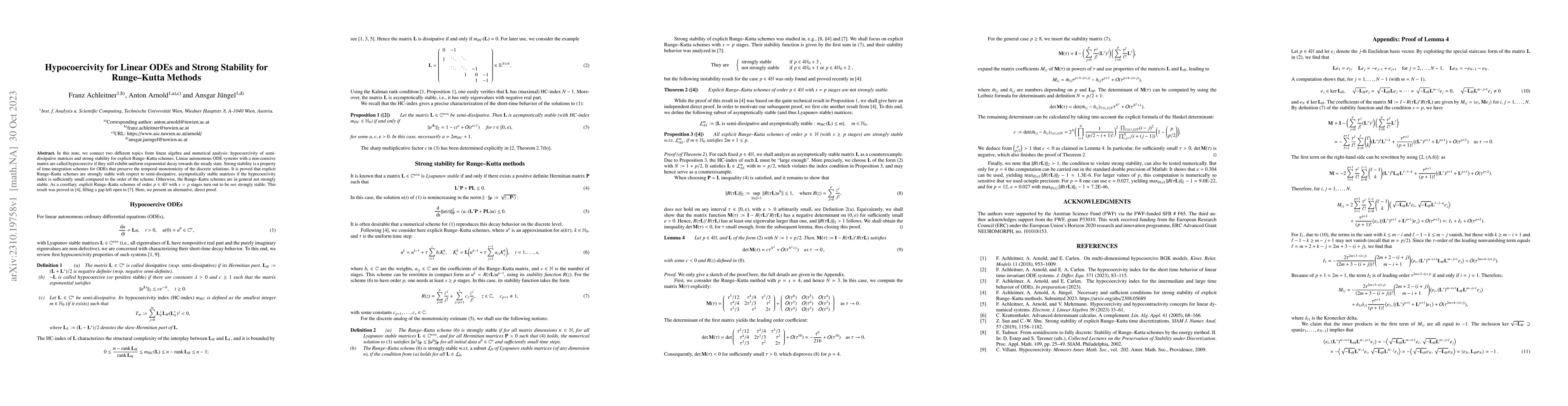 Thumbnail for Hypocoercivity for Linear ODEs and Strong Stability for Runge--Kutta
  Methods
