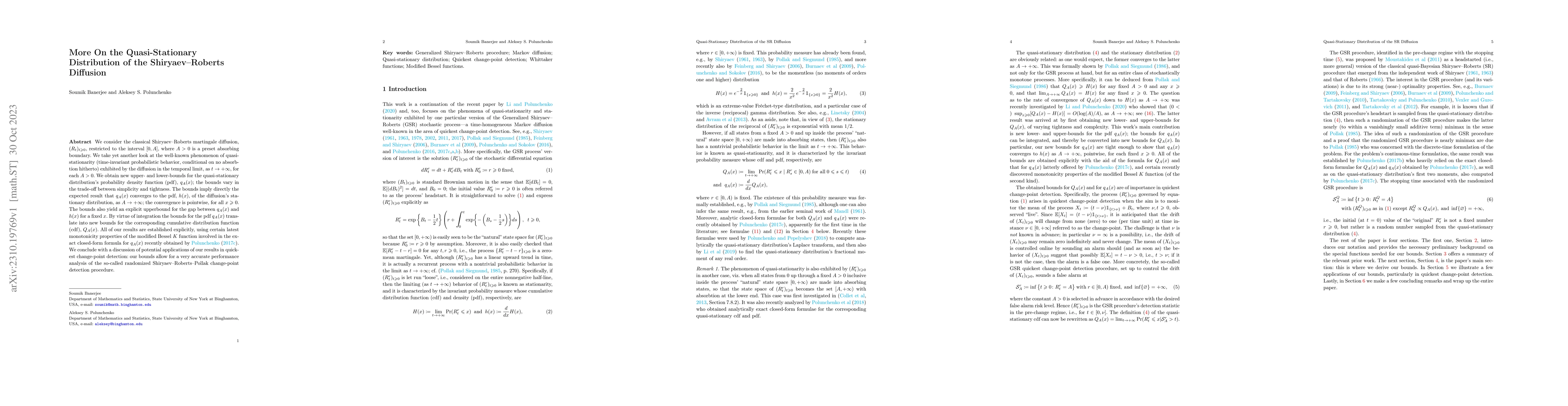 Thumbnail for More On the Quasi-Stationary Distribution of the Shiryaev--Roberts
  Diffusion