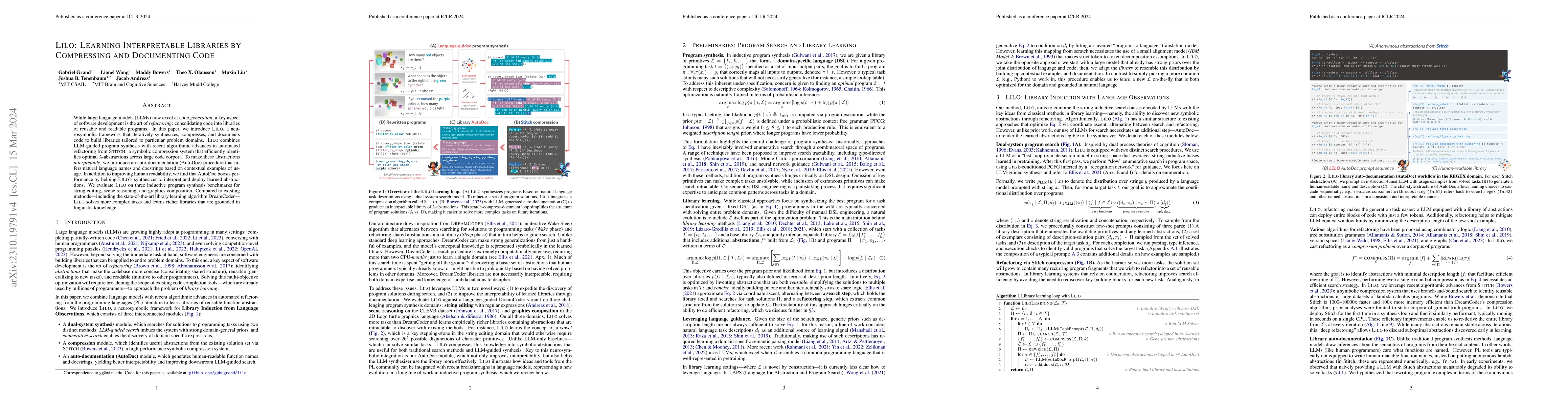 Thumbnail for LILO: Learning Interpretable Libraries by Compressing and Documenting
  Code