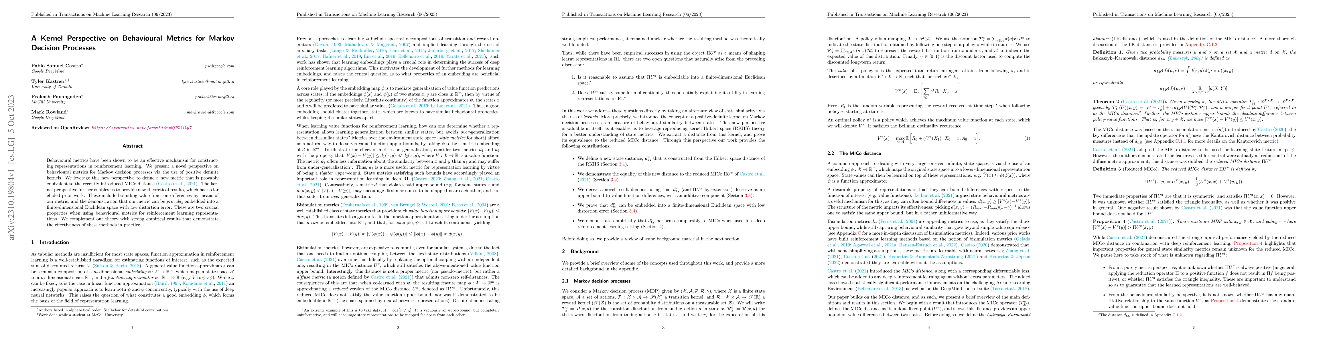 Thumbnail for A Kernel Perspective on Behavioural Metrics for Markov Decision
  Processes
