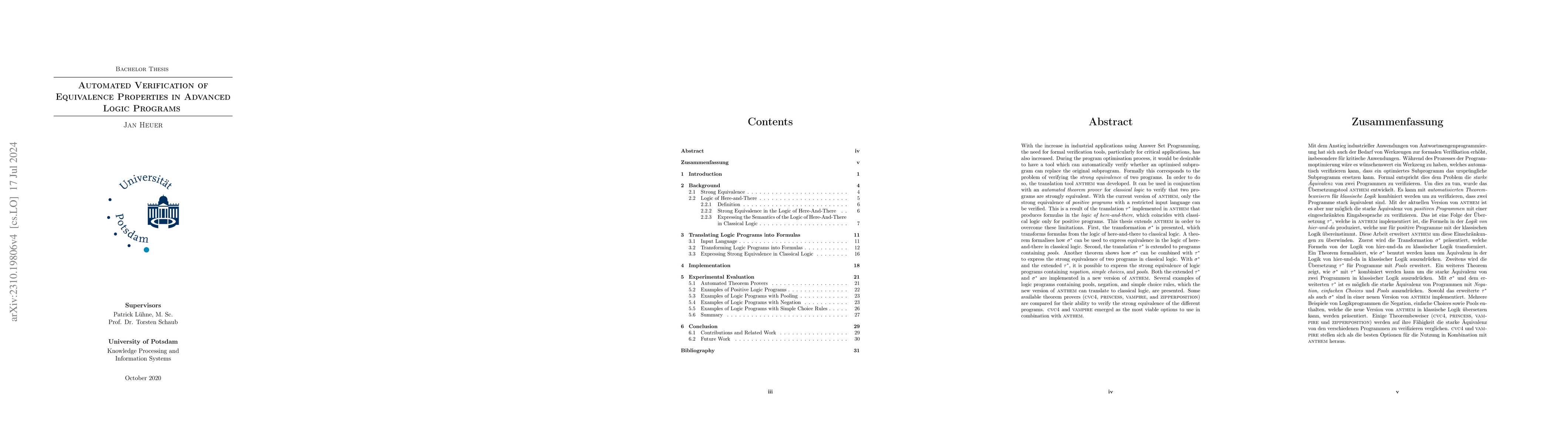Thumbnail for Automated Verification of Equivalence Properties in Advanced Logic
  Programs -- Bachelor Thesis