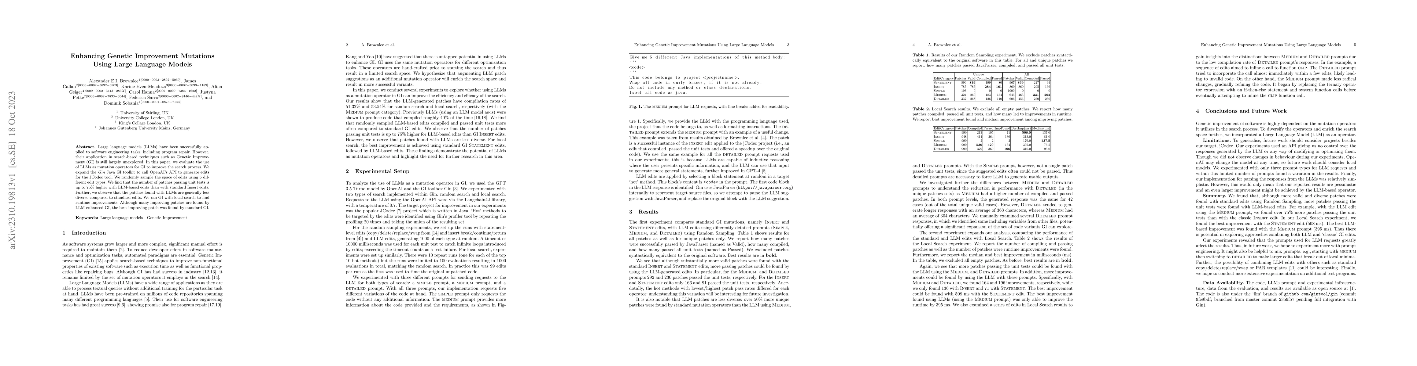 Thumbnail for Enhancing Genetic Improvement Mutations Using Large Language Models