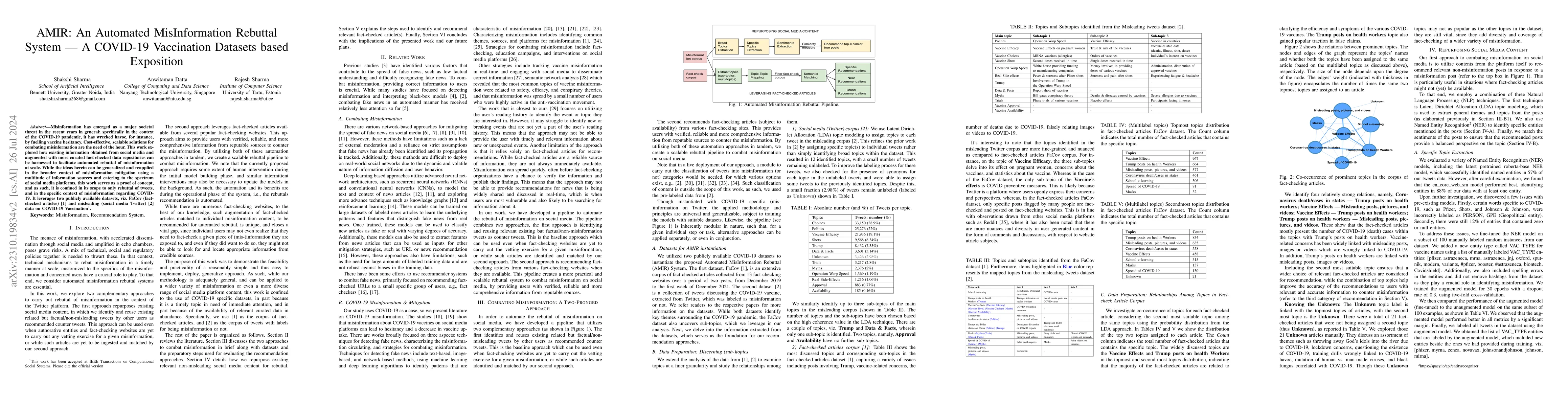 Thumbnail for AMIR: Automated MisInformation Rebuttal -- A COVID-19 Vaccination
  Datasets based Recommendation System