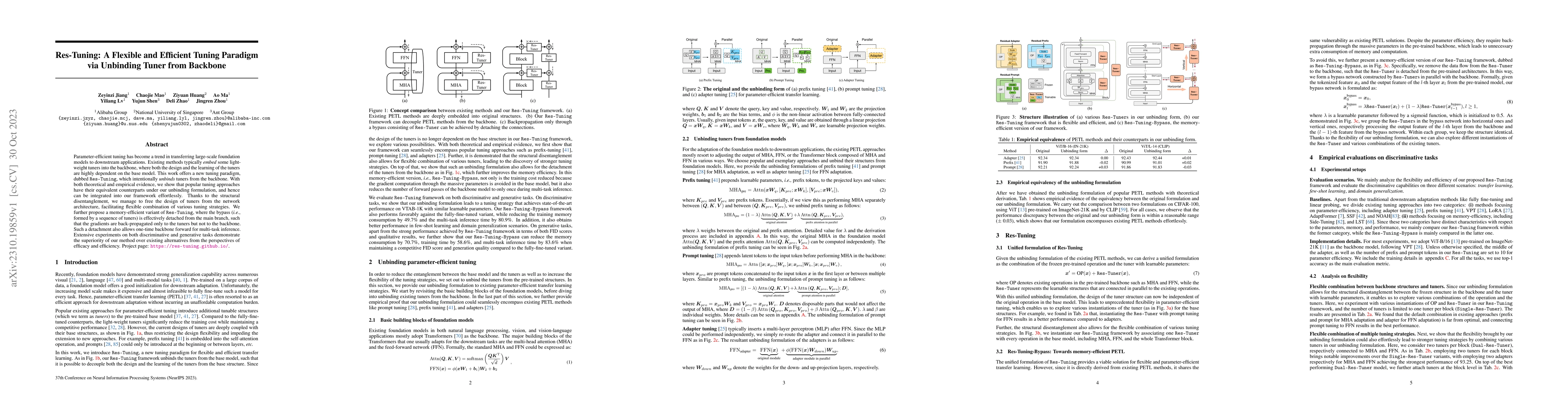 Thumbnail for Res-Tuning: A Flexible and Efficient Tuning Paradigm via Unbinding Tuner
  from Backbone