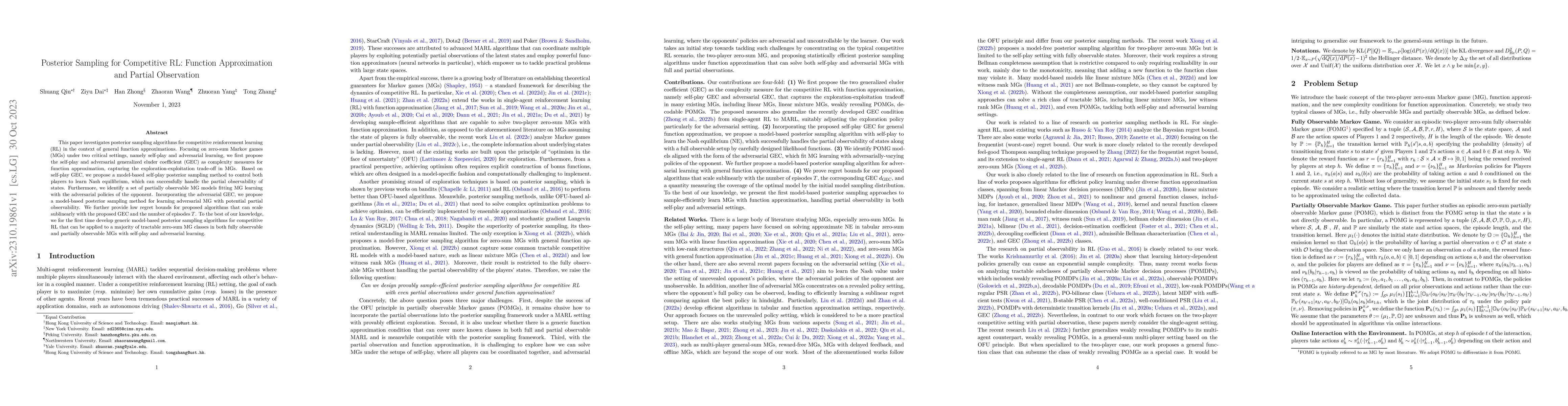 Thumbnail for Posterior Sampling for Competitive RL: Function Approximation and
  Partial Observation