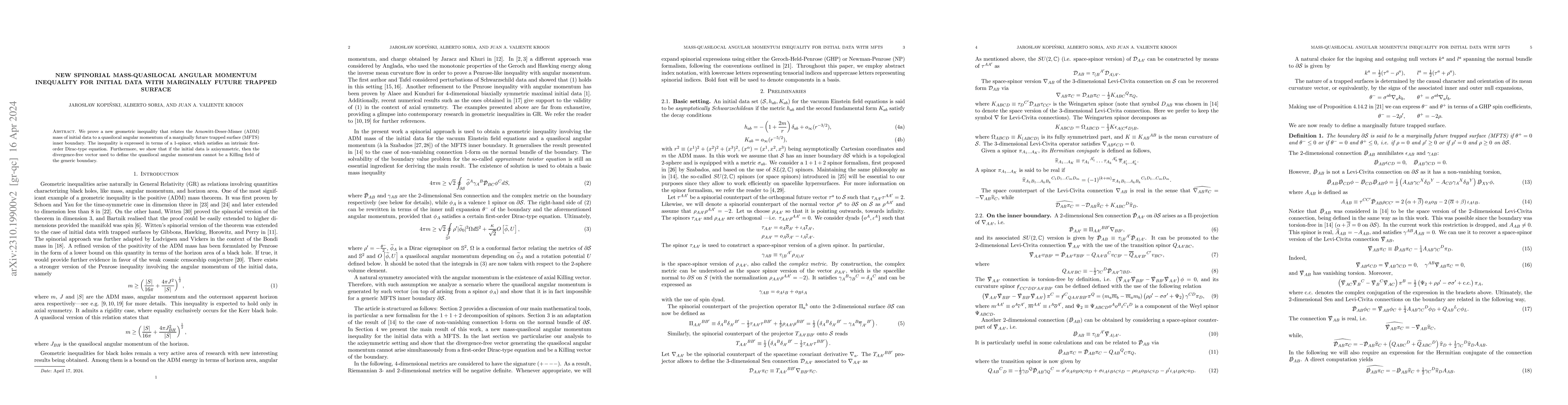 Thumbnail for New spinorial mass-quasilocal angular momentum inequality for initial
  data with marginally future trapped surface