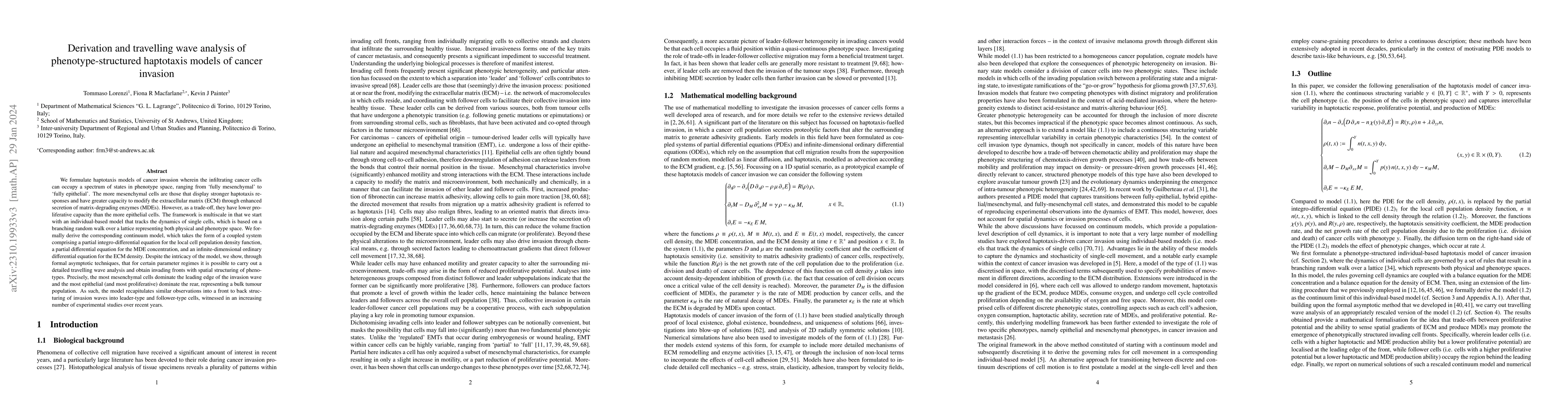 Thumbnail for Derivation and travelling wave analysis of phenotype-structured
  haptotaxis models of cancer invasion
