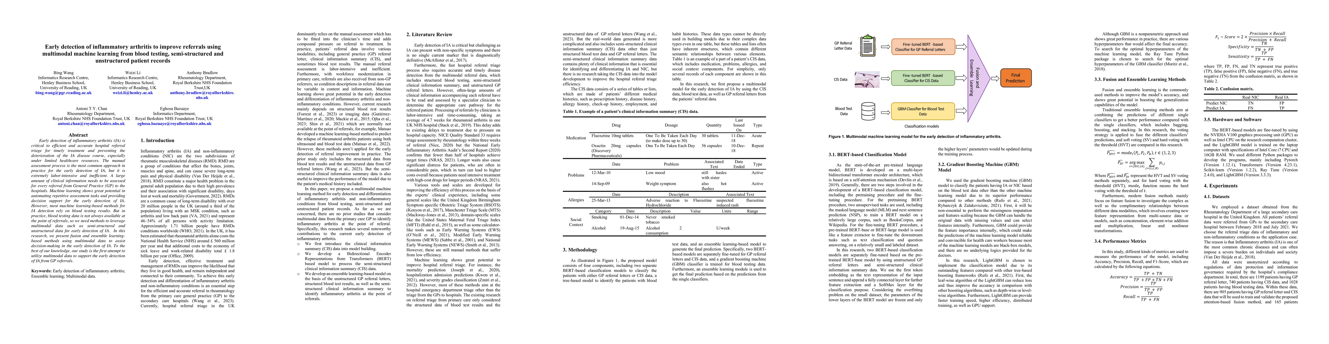 Thumbnail for Early detection of inflammatory arthritis to improve referrals using
  multimodal machine learning from blood testing, semi-structured and
  unstructured patient records