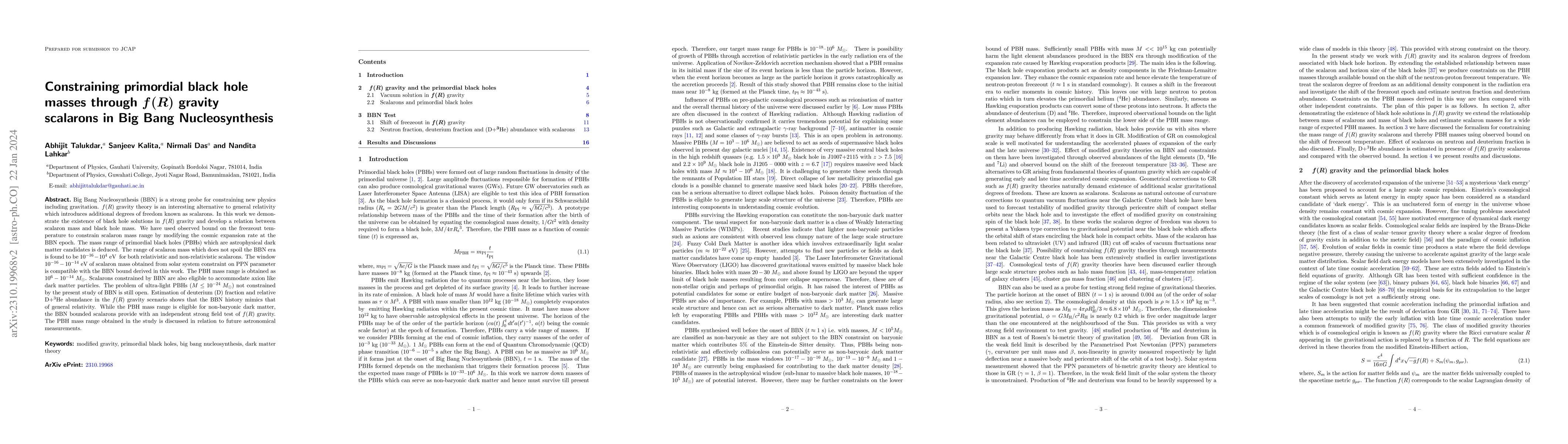 Thumbnail for Constraining primordial black hole masses through $f(R)$ gravity
  scalarons in Big Bang Nucleosynthesis