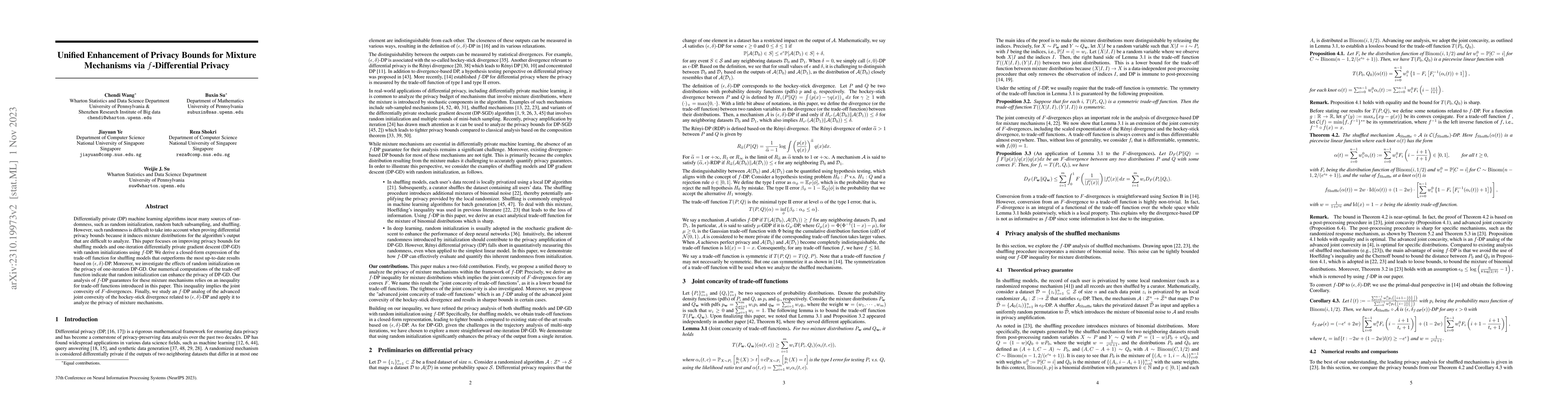Thumbnail for Unified Enhancement of Privacy Bounds for Mixture Mechanisms via
  $f$-Differential Privacy