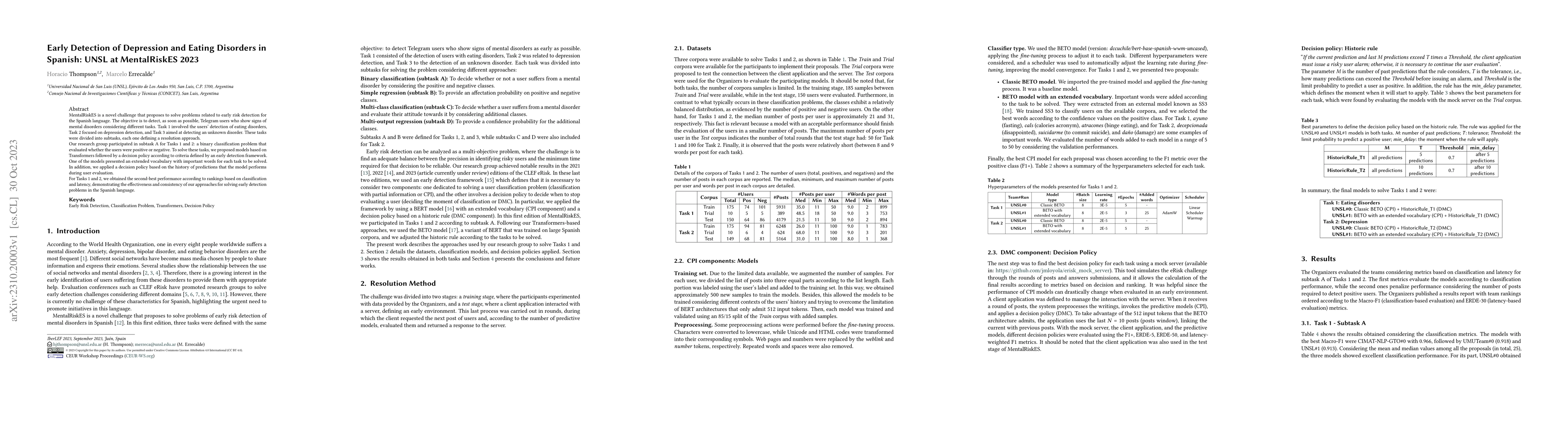 Thumbnail for Early Detection of Depression and Eating Disorders in Spanish: UNSL at
  MentalRiskES 2023
