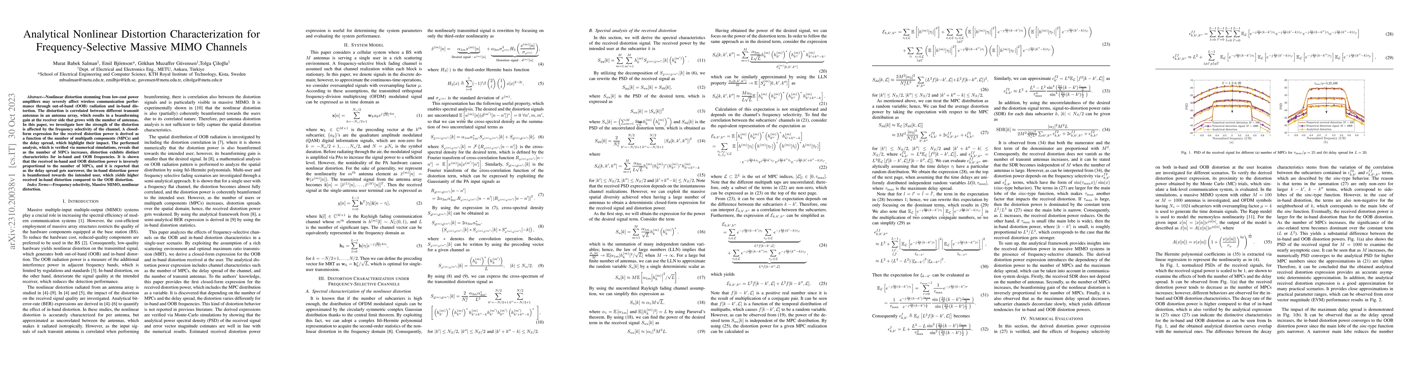 Thumbnail for Analytical Nonlinear Distortion Characterization for Frequency-Selective
  Massive MIMO Channels
