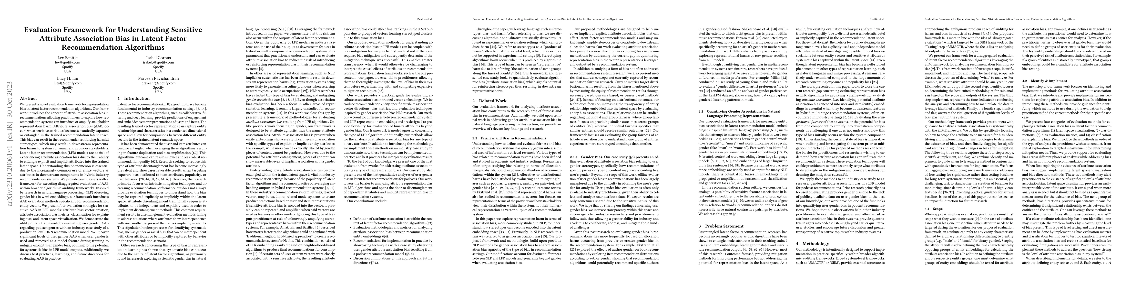 Thumbnail for Evaluation Framework for Understanding Sensitive Attribute Association
  Bias in Latent Factor Recommendation Algorithms