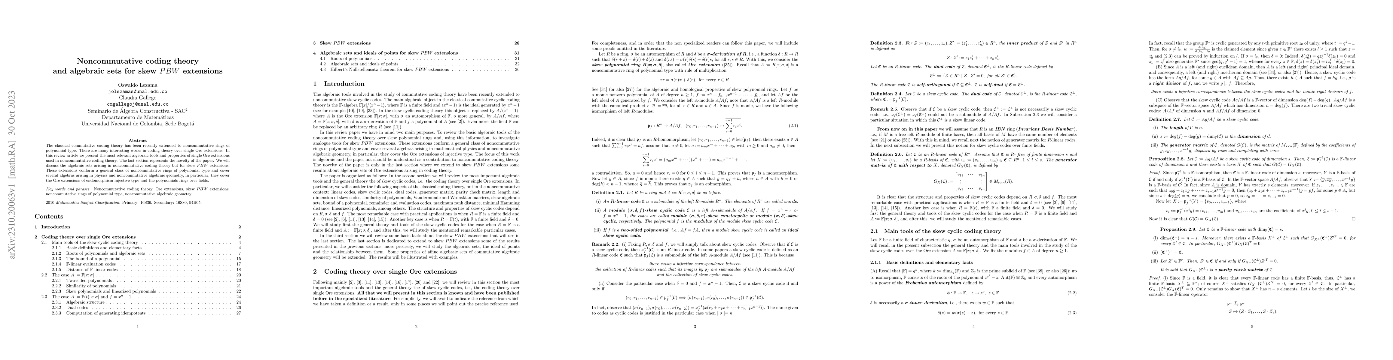 Thumbnail for Noncommutative coding theory and algebraic sets for skew PBW extensions