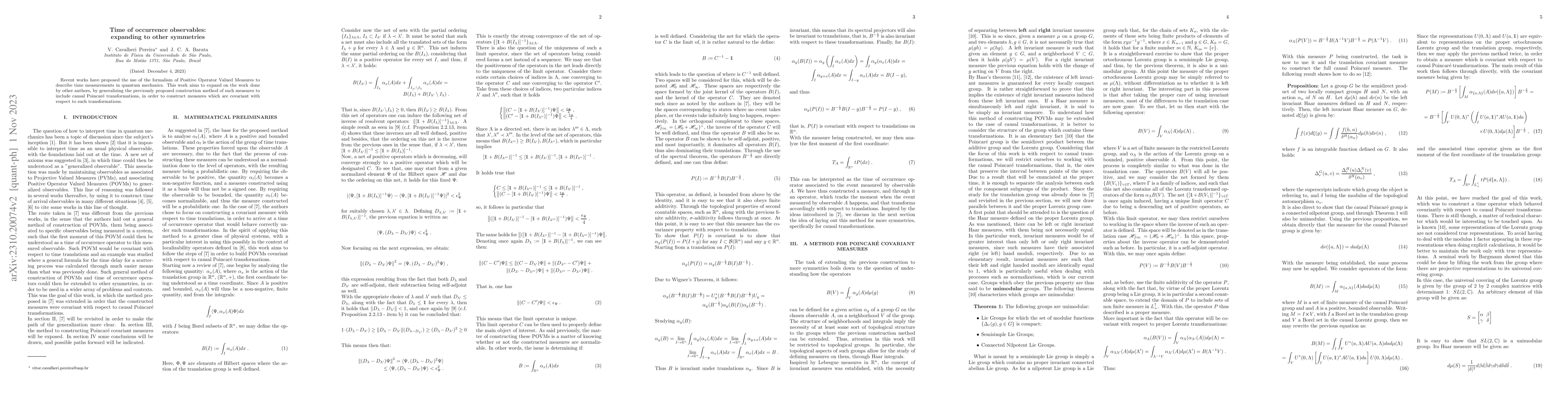 Thumbnail for Time of ocurrence observables: expanding to other symmetries