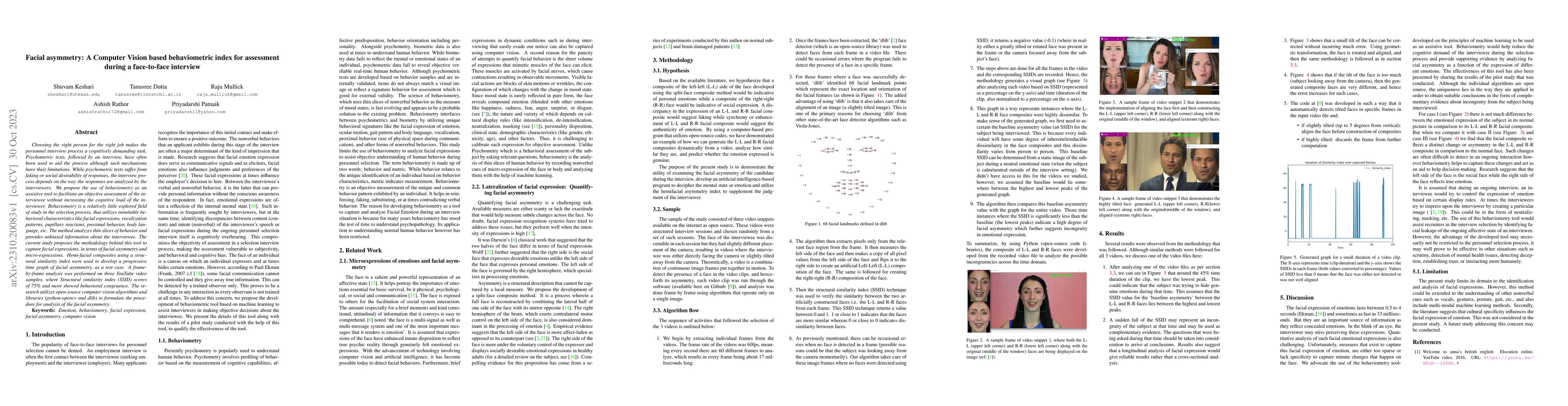 Thumbnail for Facial asymmetry: A Computer Vision based behaviometric index for
  assessment during a face-to-face interview