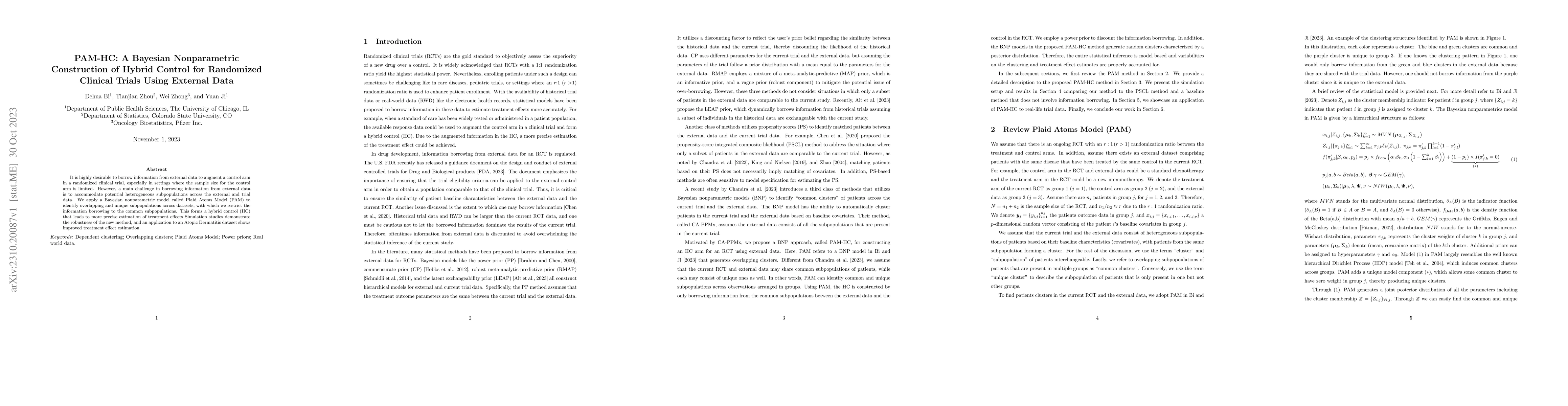 Thumbnail for PAM-HC: A Bayesian Nonparametric Construction of Hybrid Control for
  Randomized Clinical Trials Using External Data