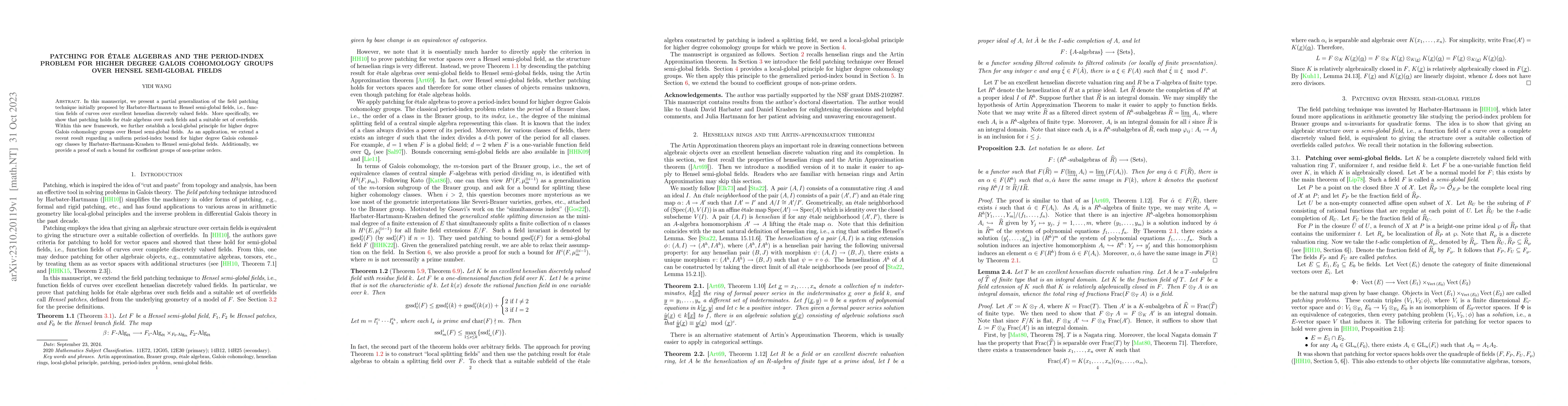 Thumbnail for Patching for \'etale algebras and the period-index problem for higher
  degree Galois cohomology groups over Hensel semi-global fields