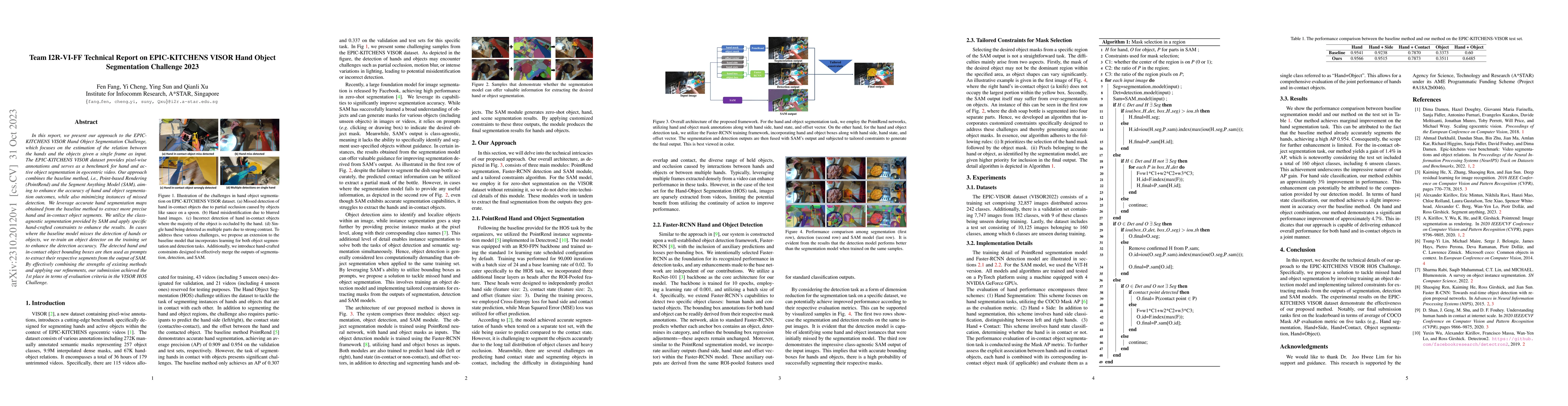 Thumbnail for Team I2R-VI-FF Technical Report on EPIC-KITCHENS VISOR Hand Object
  Segmentation Challenge 2023