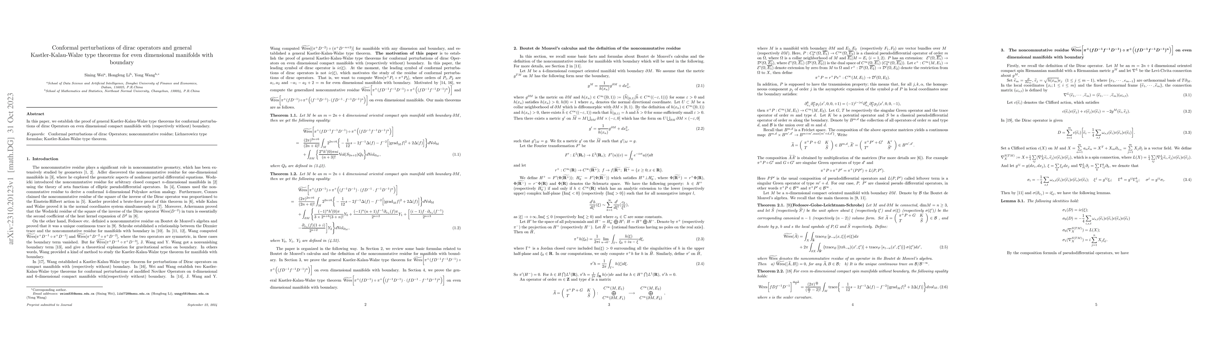 Thumbnail for Conformal perturbations of dirac operators and general
  Kastler-Kalau-Walze type theorems for even dimensional manifolds with
  boundary