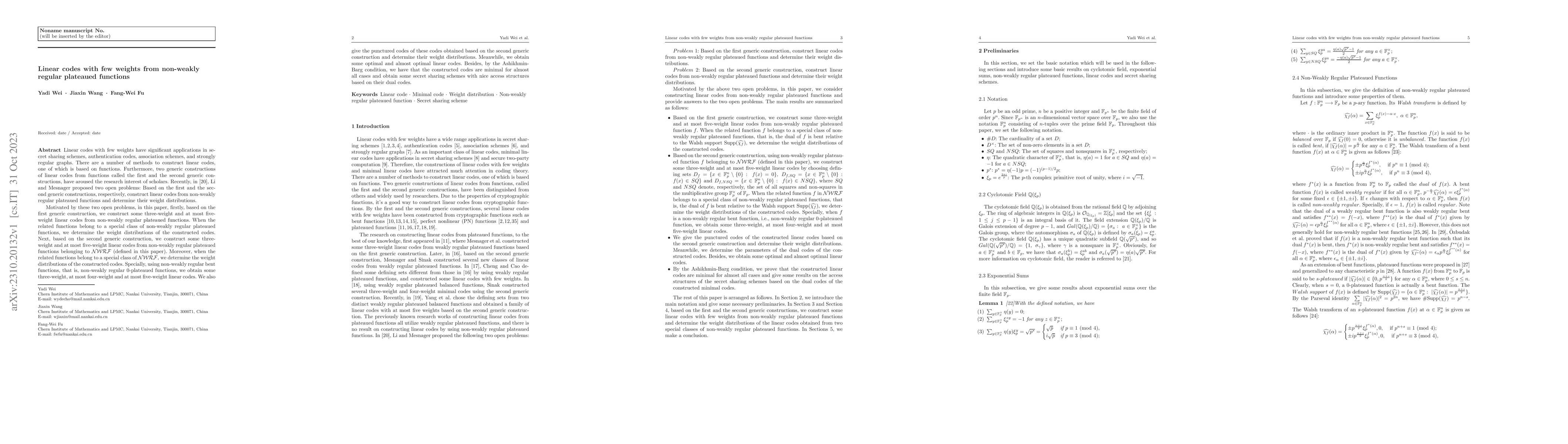 Thumbnail for Linear codes with few weights from non-weakly regular plateaued
  functions