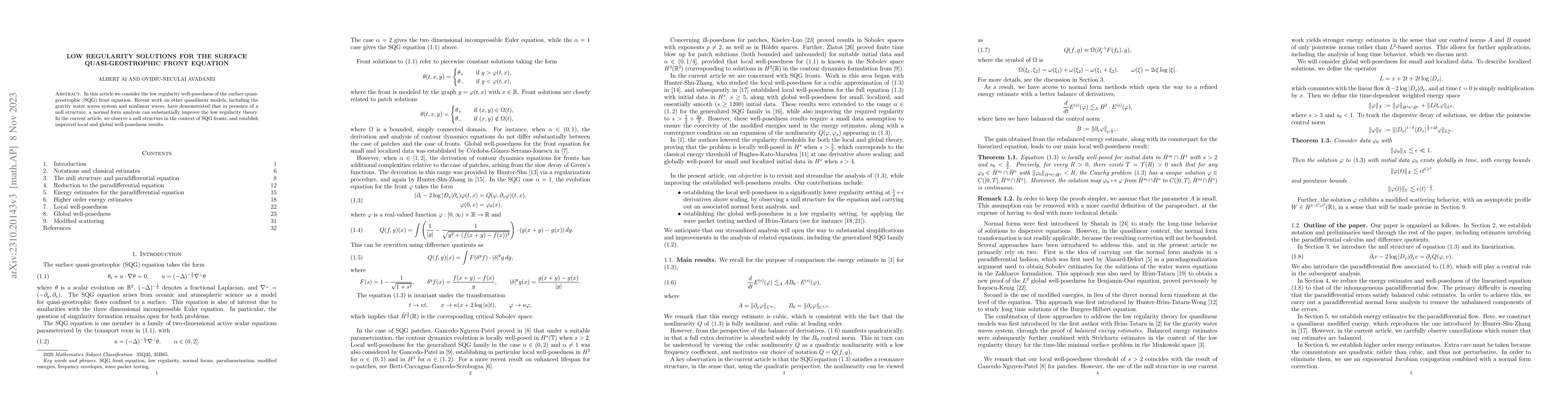 Thumbnail for Low regularity solutions for the surface quasi-geostrophic front
  equation