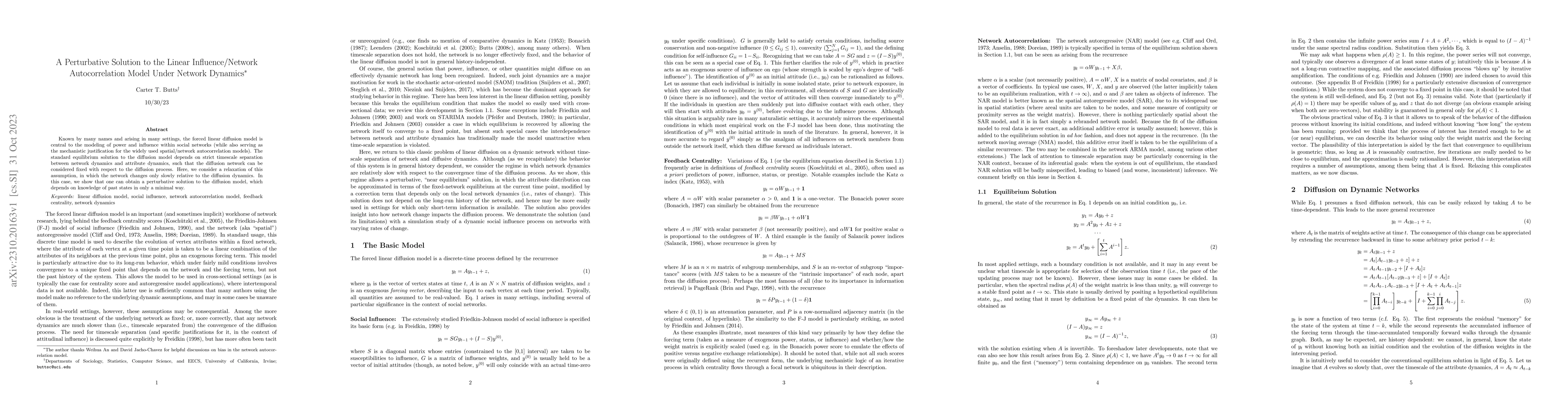 Thumbnail for A Perturbative Solution to the Linear Influence/Network Autocorrelation
  Model Under Network Dynamics