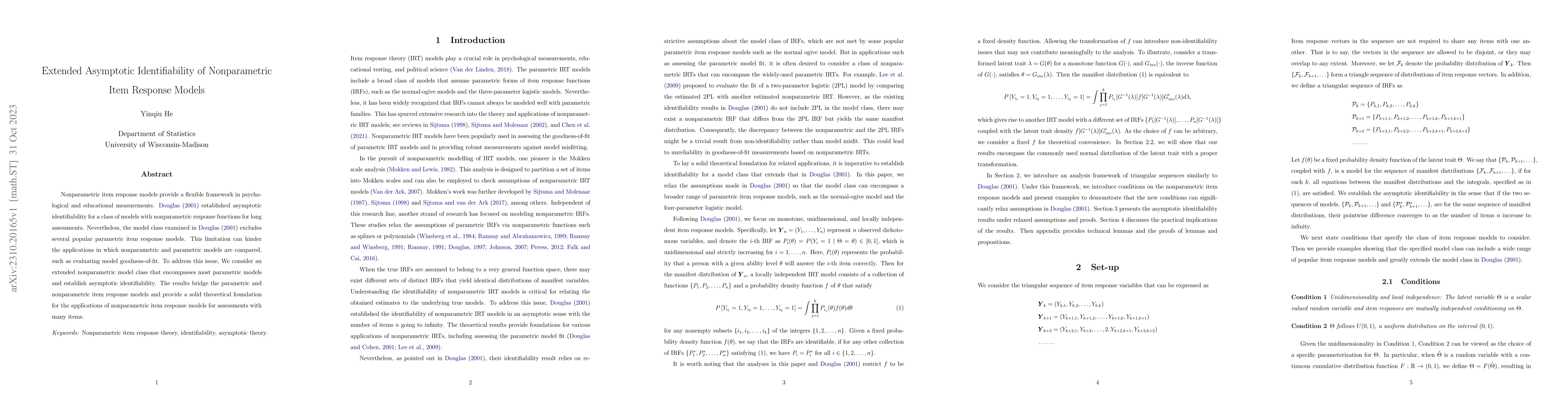 Thumbnail for Extended Asymptotic Identifiability of Nonparametric Item Response
  Models