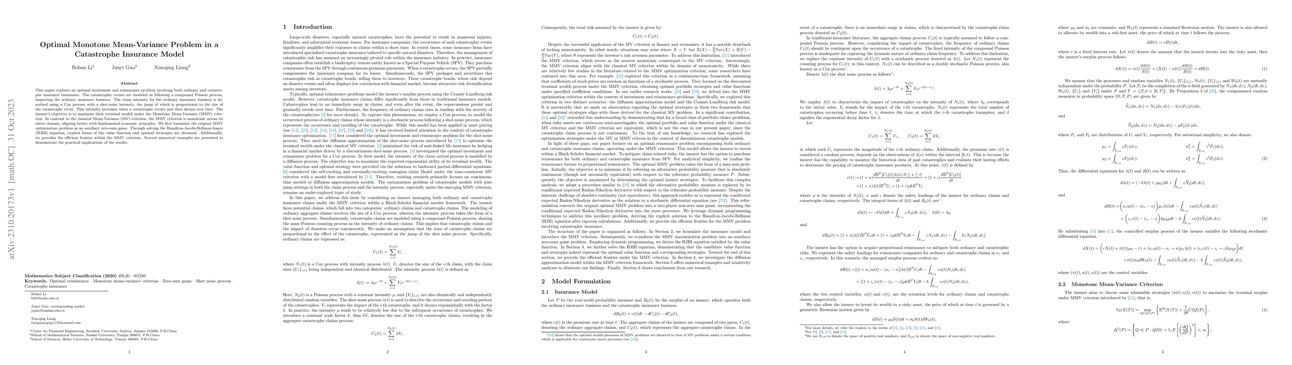 Thumbnail for Optimal Monotone Mean-Variance Problem in a Catastrophe Insurance Model