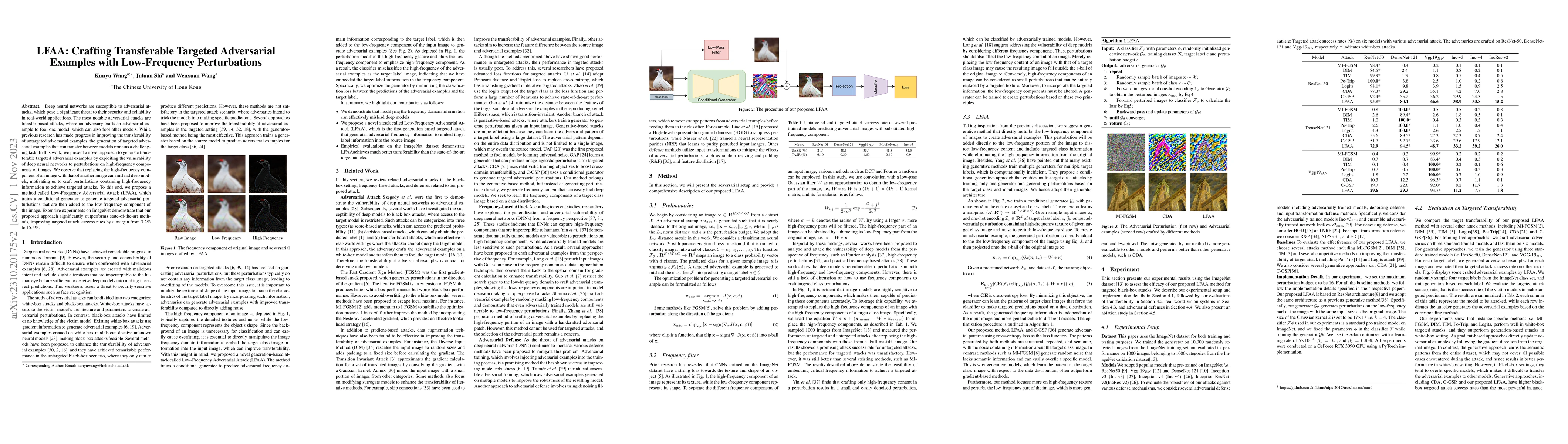 Thumbnail for LFAA: Crafting Transferable Targeted Adversarial Examples with
  Low-Frequency Perturbations