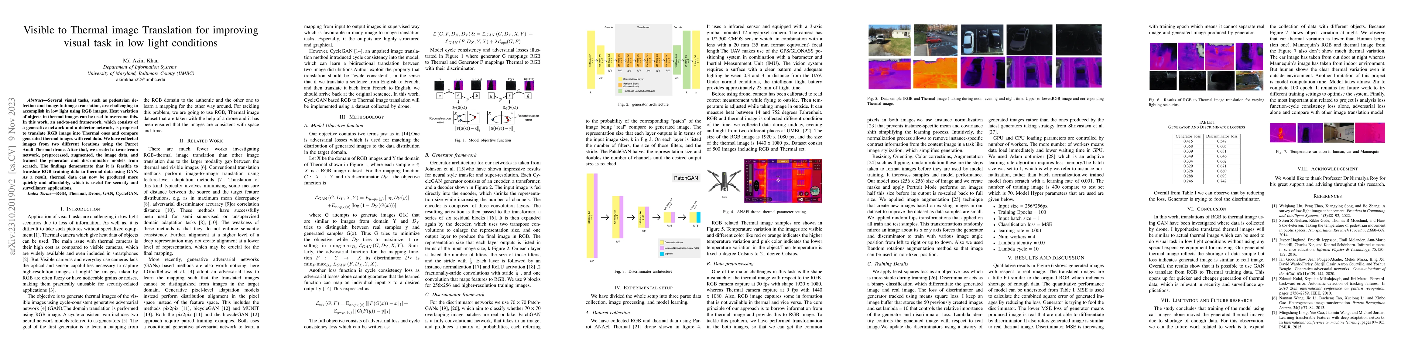 Thumbnail for Visible to Thermal image Translation for improving visual task in low
  light conditions