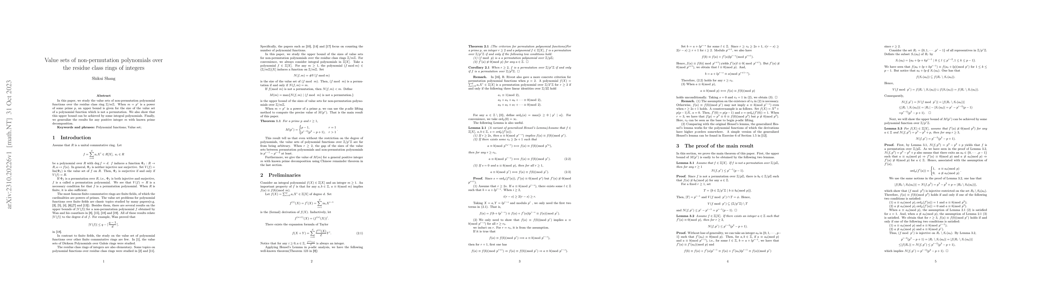 Thumbnail for Value sets of non-permutation polynomials over the residue class rings
  of integers