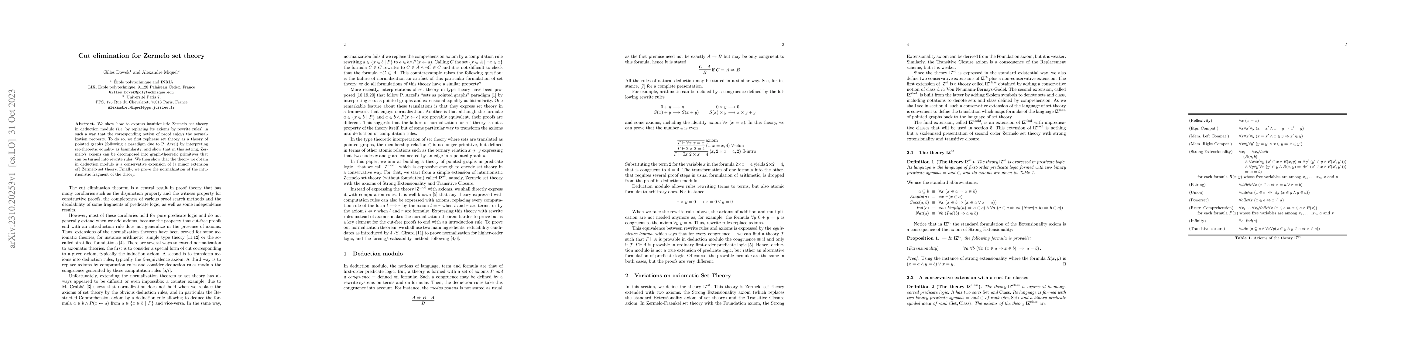 Thumbnail for Cut elimination for Zermelo set theory
