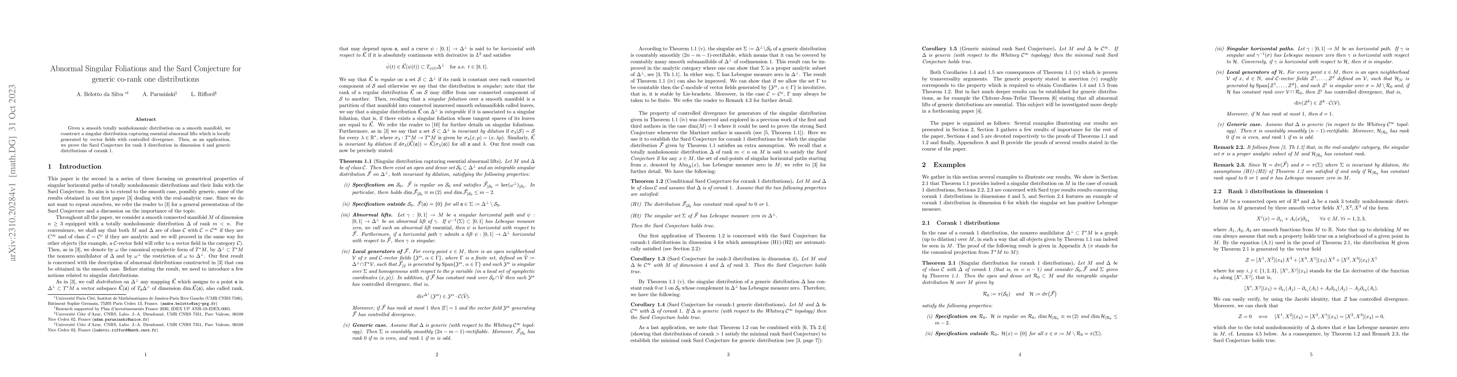 Thumbnail for Abnormal Singular Foliations and the Sard Conjecture for generic co-rank
  one distributions