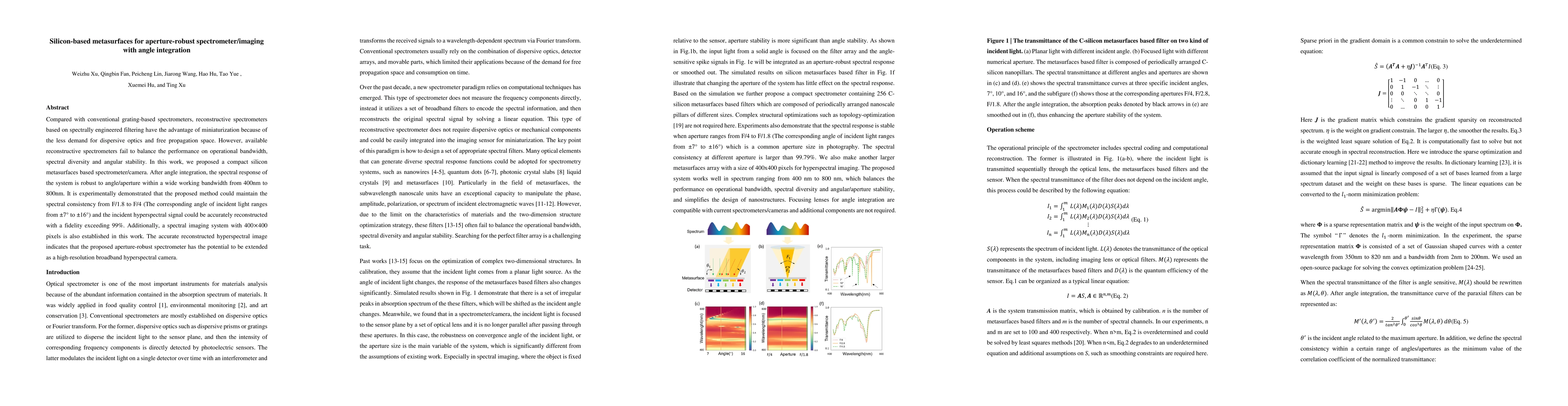 Thumbnail for C-Silicon-based metasurfaces for aperture-robust spectrometer/imaging
  with angle integration