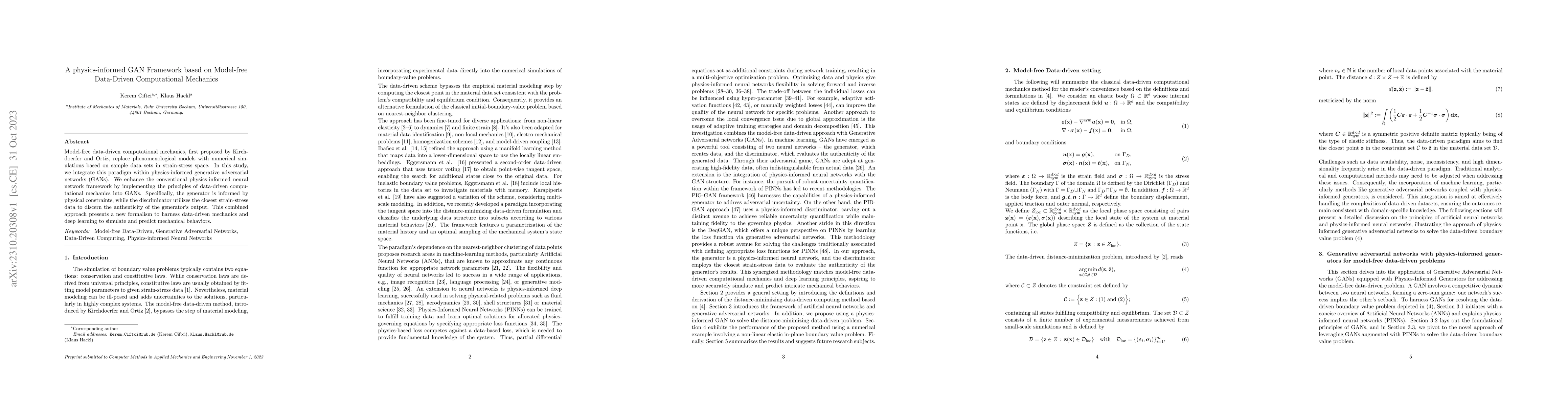 Thumbnail for A physics-informed GAN Framework based on Model-free Data-Driven
  Computational Mechanics