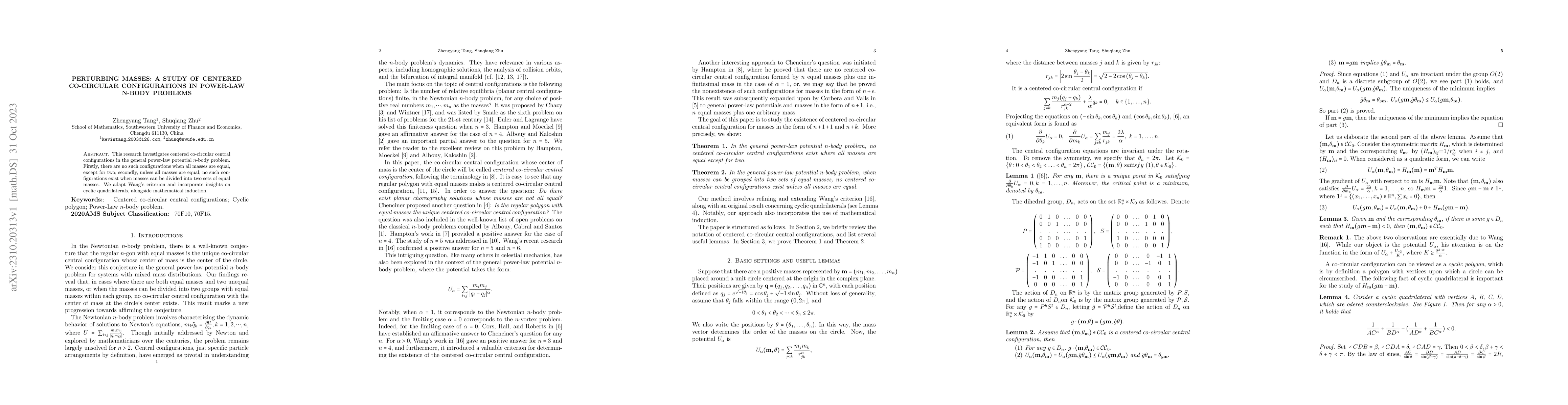 Thumbnail for Perturbing Masses: A Study of Centered Co-Circular Configurations in
  Power-Law n-Body Problems
