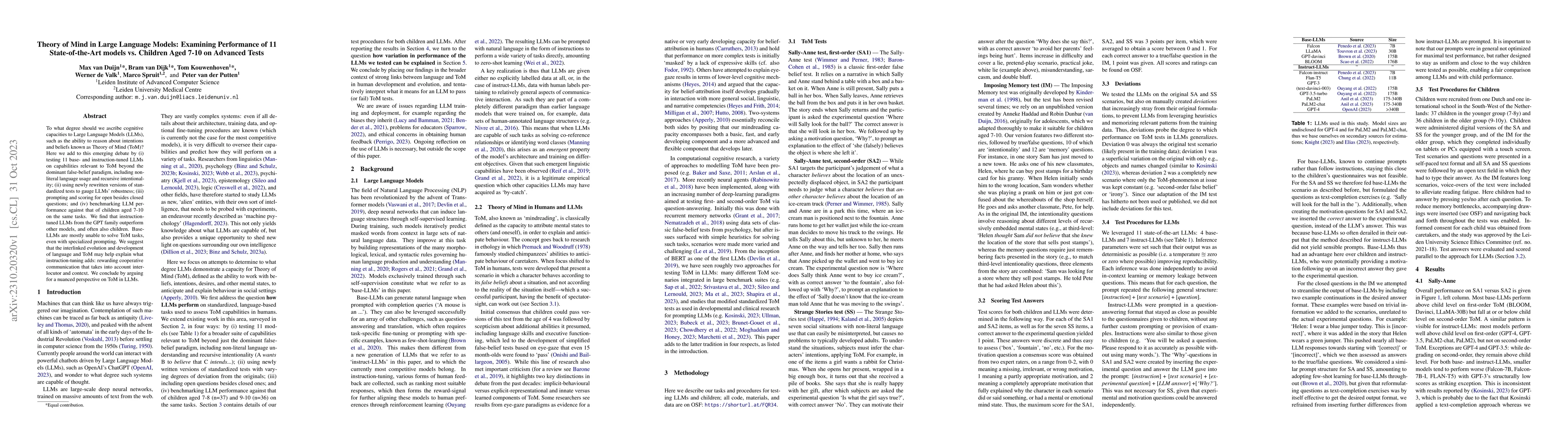 Thumbnail for Theory of Mind in Large Language Models: Examining Performance of 11
  State-of-the-Art models vs. Children Aged 7-10 on Advanced Tests