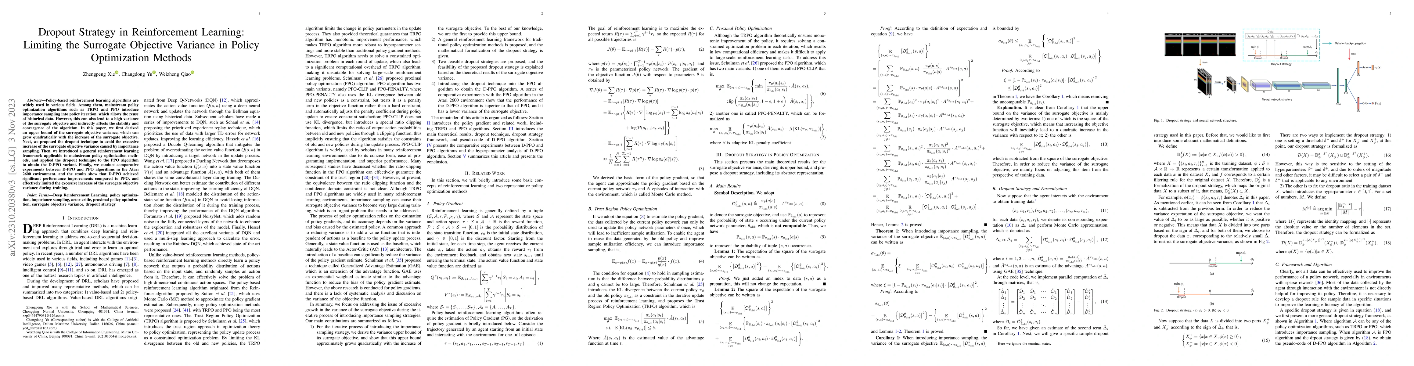 Thumbnail for Dropout Strategy in Reinforcement Learning: Limiting the Surrogate
  Objective Variance in Policy Optimization Methods