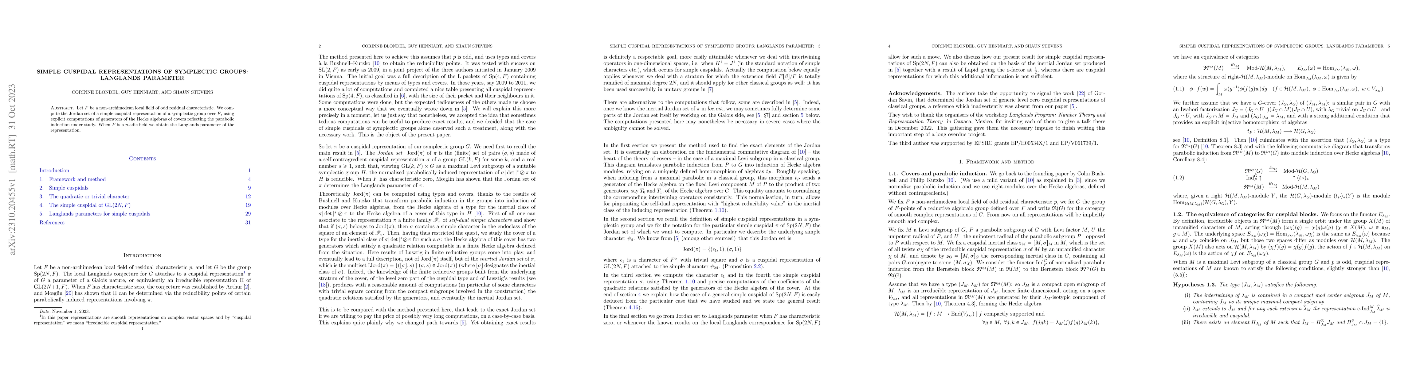 Thumbnail for Simple cuspidal representations of symplectic groups: Langlands
  parameter