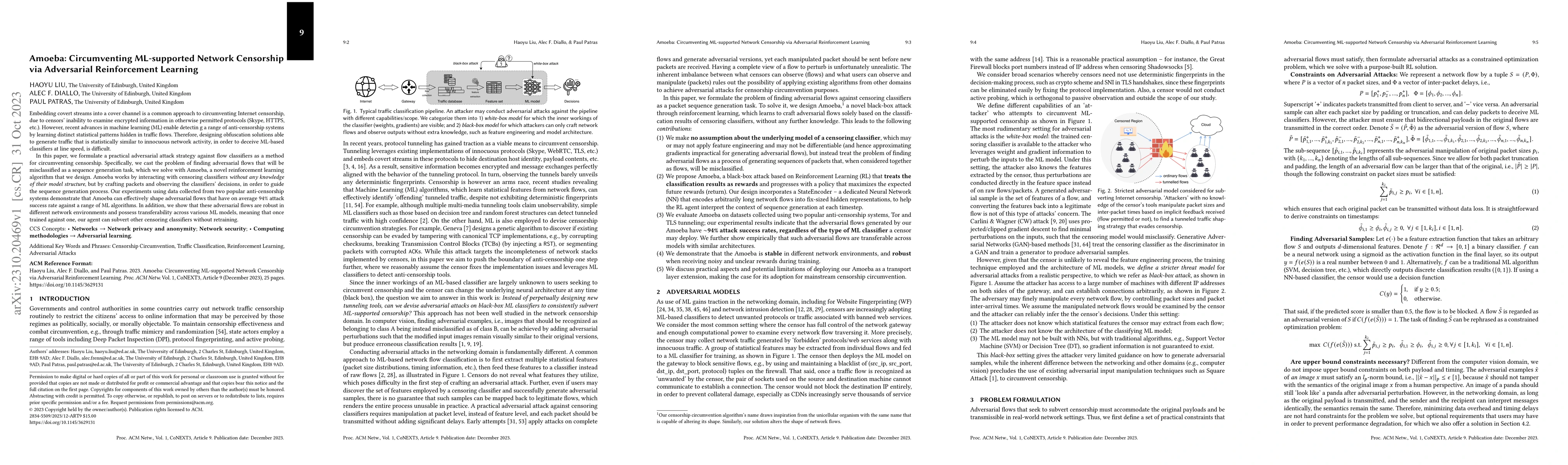 Thumbnail for Amoeba: Circumventing ML-supported Network Censorship via Adversarial
  Reinforcement Learning