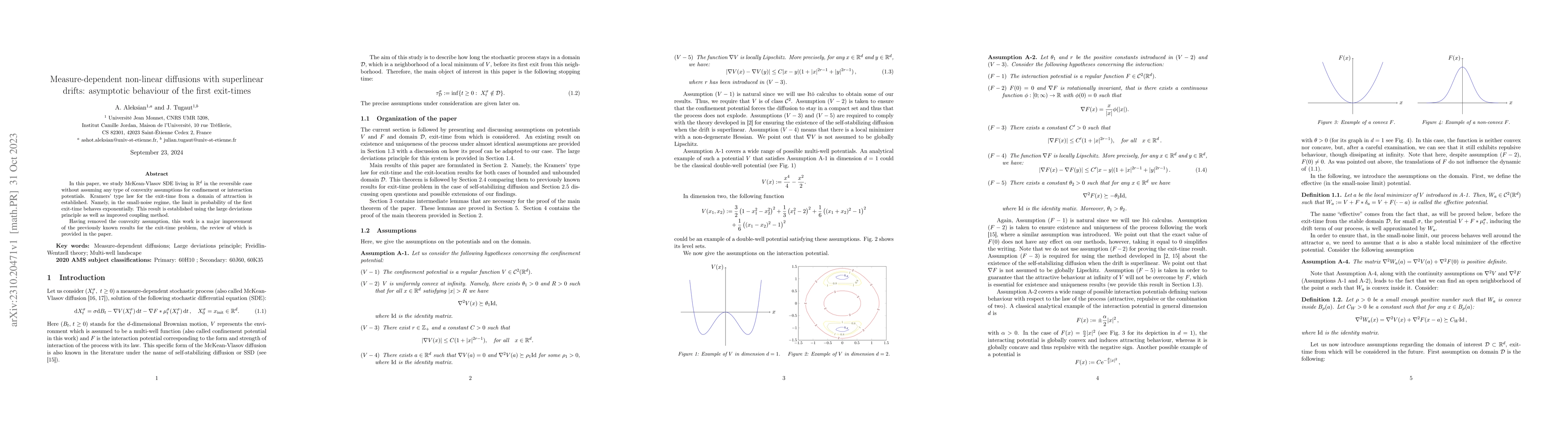 Thumbnail for Measure-dependent non-linear diffusions with superlinear drifts:
  asymptotic behaviour of the first exit-times