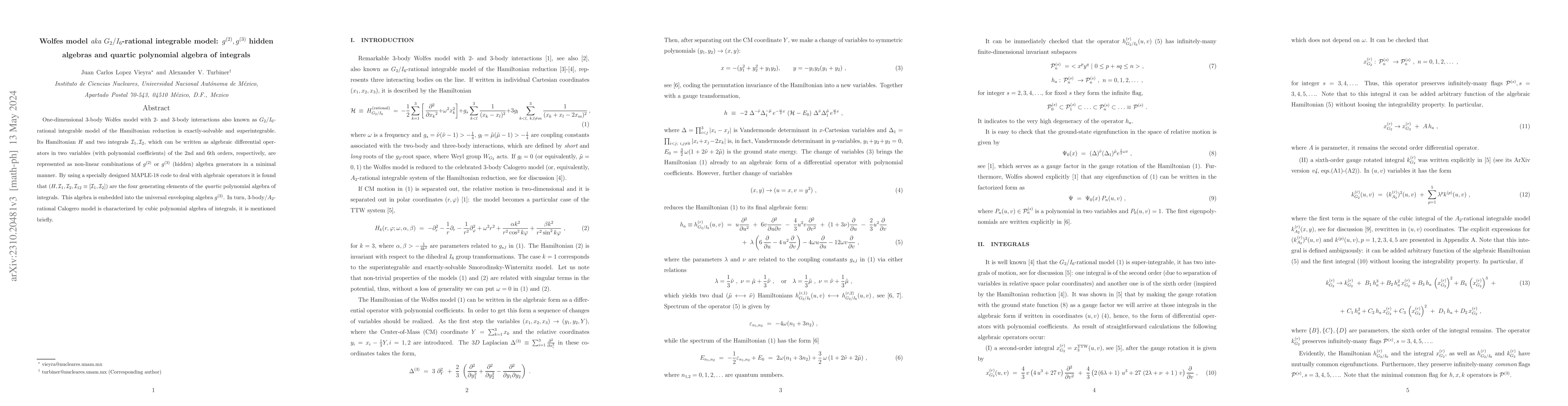 Thumbnail for Wolfes model aka $G_2/I_6$-rational integrable model: $g^{(2)}, g^{(3)}$
  hidden algebras and quartic polynomial algebra of integrals